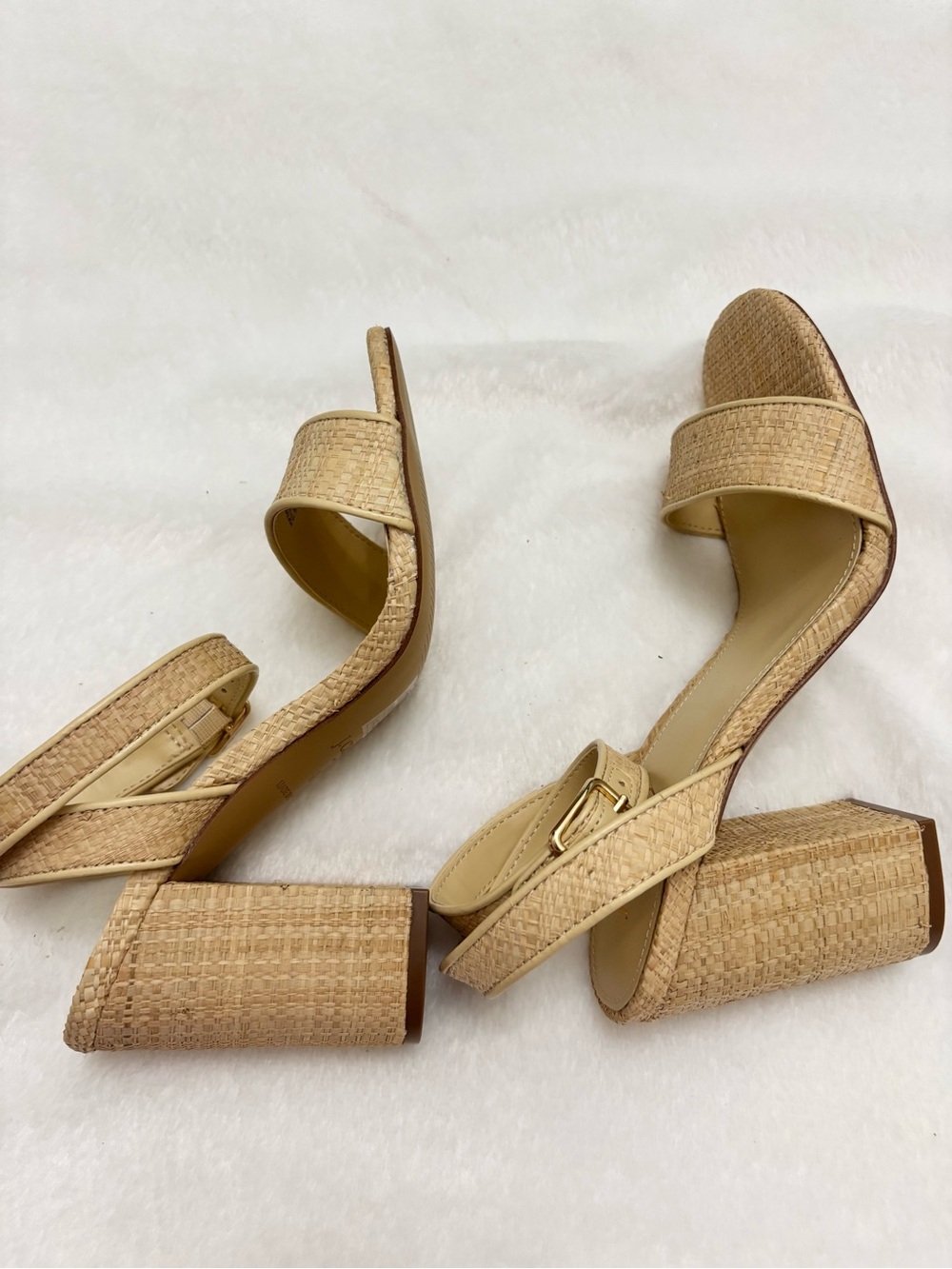 NWOT J Crew Factory Woven Block Heel Neutral Beige Raffia Ankle Strap Sandals - Picture 5 of 9